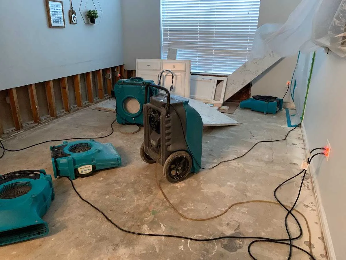 Dehumidifier in flood-cut room for Water Damage Restoration in Montague