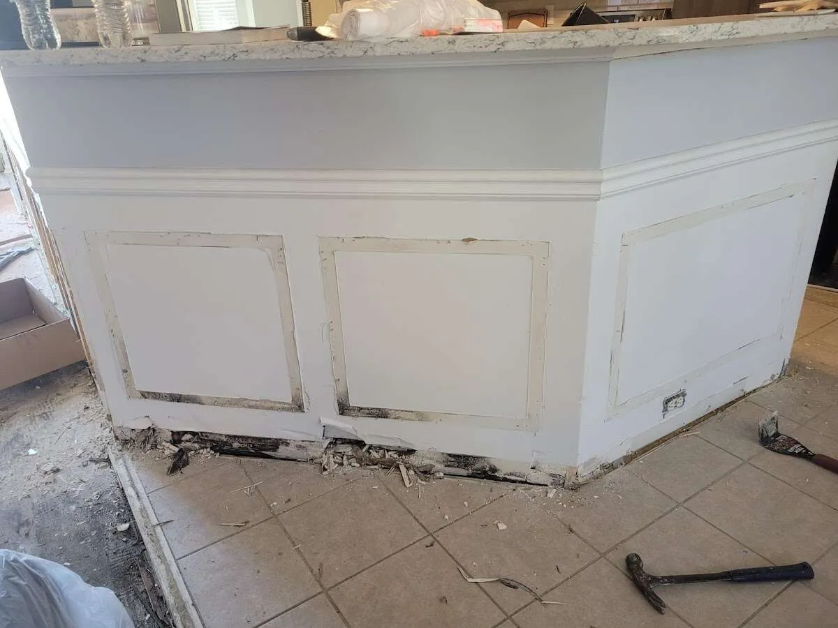 Water damage and mold on kitchen during Storm Damage Restoration in Montague